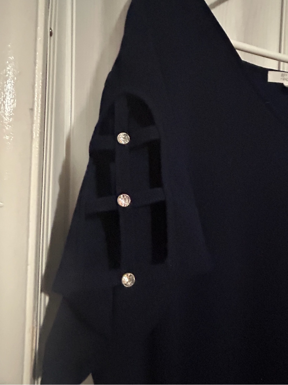 Navy cold -Shoulder Sleeve shirt with Decorative Buttons